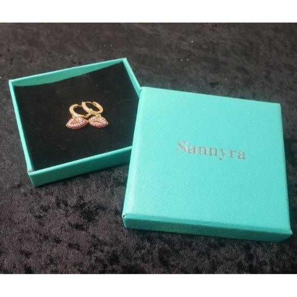 Lip Charm Hoop Earrings 14K Gold Plated CZ Lip Charm Dangle - Picture 1 of 6